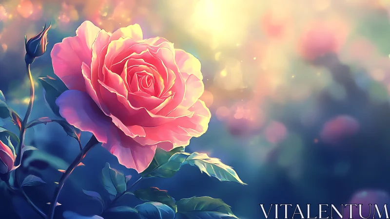 Hybrid botanical illustration with gradient-illuminated rose featuring soft-focus atmospheric bokeh 