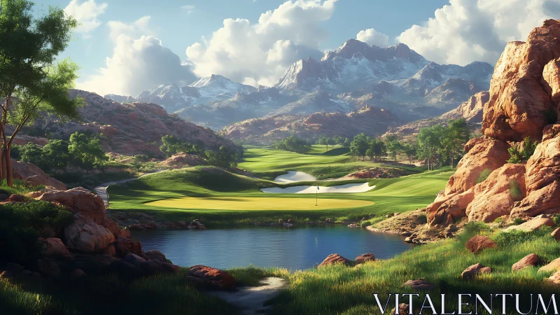 Mountain golf green framed by desert cliffs and lake.