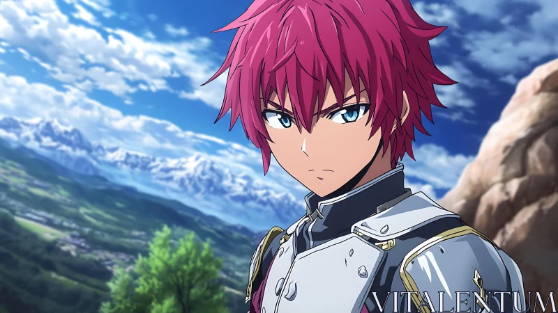 Red haired armored character stands before distant mountains
