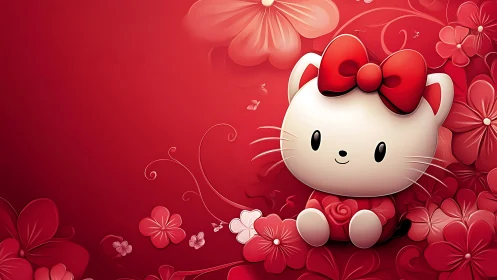 Hello Kitty Character Rendered Against Floral Composition