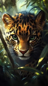 Leopard stares forward through dense jungle foliage
