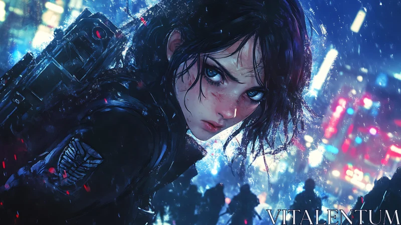 Cyberpunk rain-soaked warrior amid neon city pursuit.