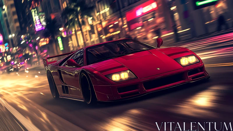 Neon-illuminated supercar sprint in dynamic urban nightscape.