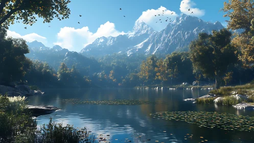 Mountain lake landscape under clear blue daytime sky.