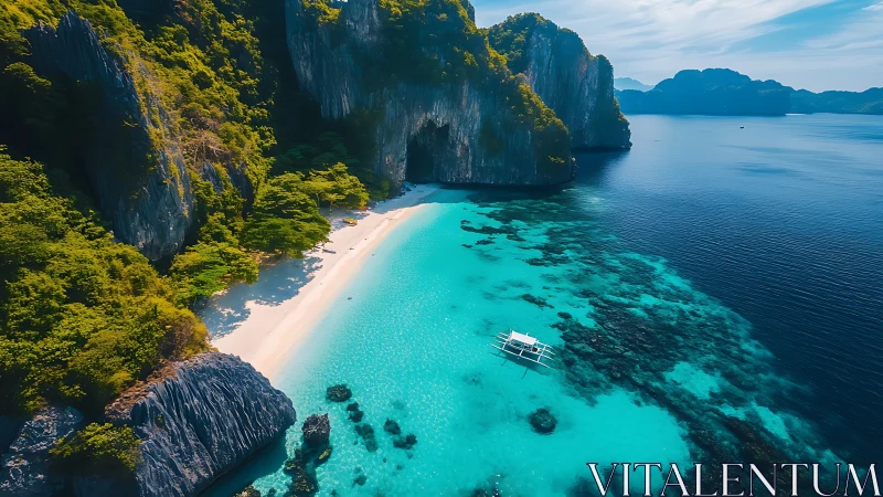 Limestone formations frame tropical lagoon with turquoise waters.