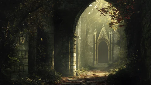 Sunlit forest ruins leading toward a quiet hidden doorway.