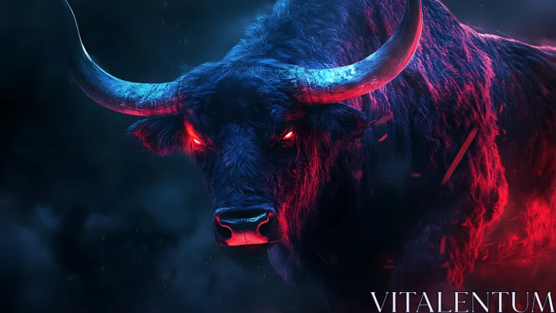 Bioluminescent cyber-bull in dual-tone volumetric fog field.