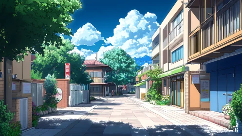 Sunlit Japanese side street with storefronts and lush trees.
