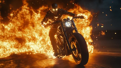 Photoreal infernal rider on motorcycle with dynamic flame field.
