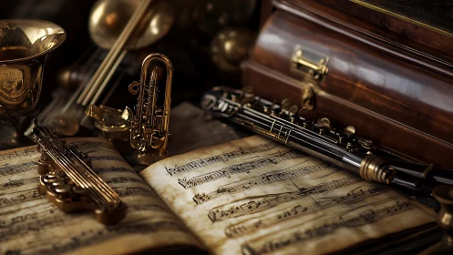 Golden chamber orchestra rests atop timeworn sheet music.