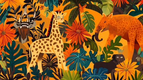 Stylized jungle animals amid dense orange floral foliage.