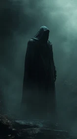 Hooded wraith stands in fog drenched ravine under distant light