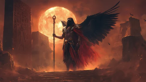 Winged dark deity before blood moon in ruined desert temple.