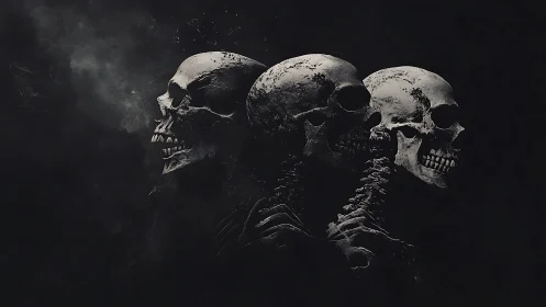 Macabre skull trio emerges from shadowed swirling darkness.