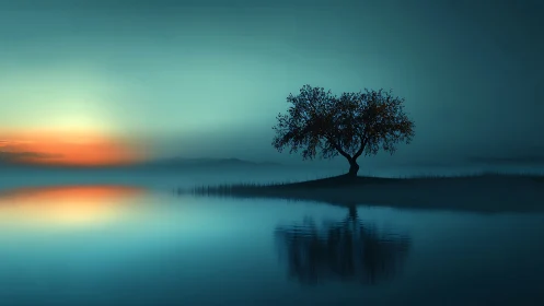 Solitary lakeside tree silhouettes against cyan twilight gradient