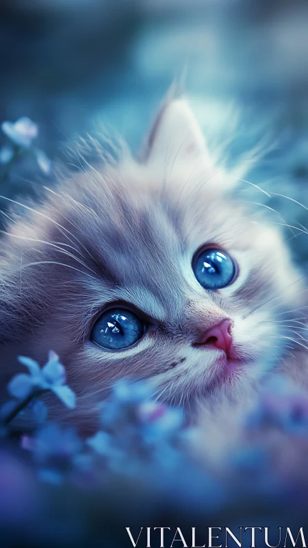 Luminescent Feline Gazes Through Ethereal Sapphire Dreamscape