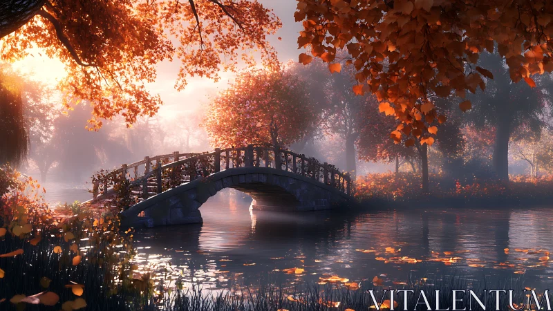 Autumn footbridge over misty river under golden backlight.