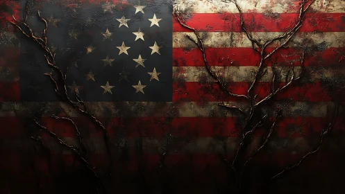 Weathered US flag with branching organic cracks overlay.