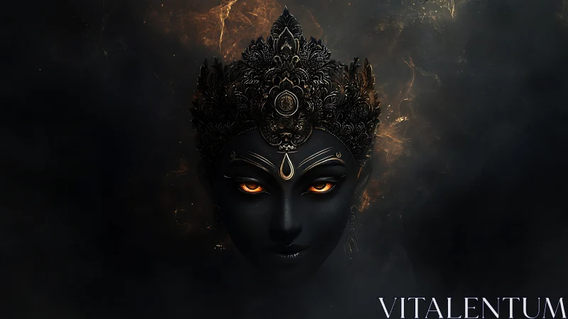 Mystic dark goddess emerging with ember-bright eyes.