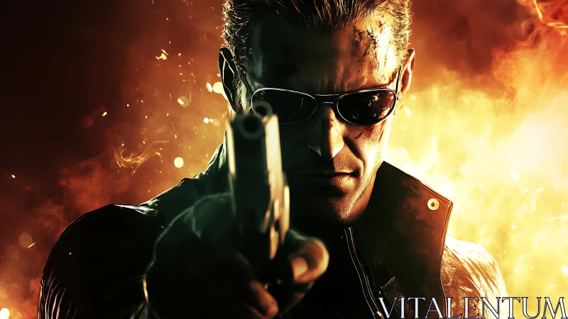 Gunman in flames aiming forward with intense neon contrast.