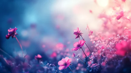 Blurred Pink and Blue Floral Field Composition.