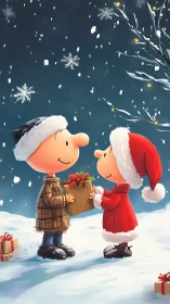 Two cartoon figures exchange a gift in a snowy landscape