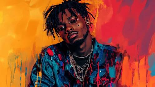 Neon-slick portrait of a moody king in molten color storm.