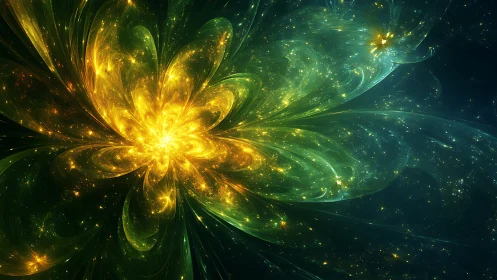Starlit nebula blossom swirling in cosmic green gold bloom.