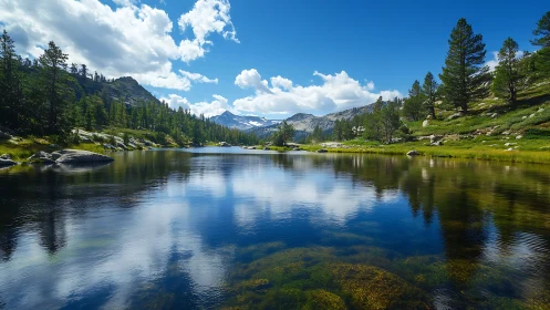 Alpine lake with conifers, granite slopes and cloud reflections.