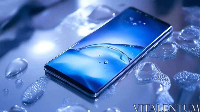 Sleek waterproof smartphone adrift on shimmering blue droplets.