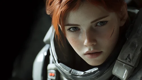 Close view of red-haired female astronaut in helmet.