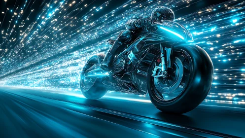Futuristic rider accelerates through luminous data tunnel