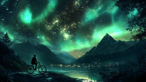 Stargazing cyclist under emerald aurora rivers of night.