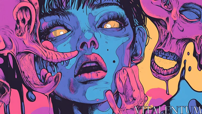 Neon surreal portrait merges human face with melting skulls