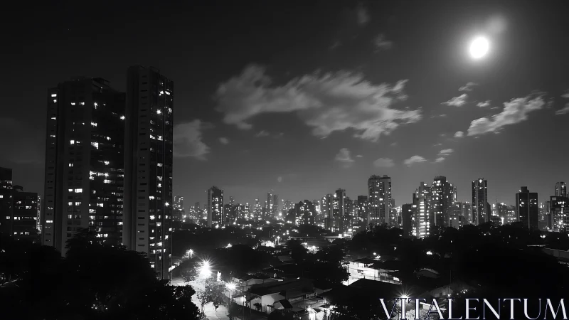 Moonlit city skyline glows softly above quiet urban streets