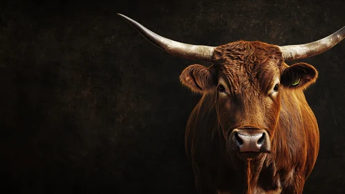 Long-horned brown bull against dark textured backdrop.