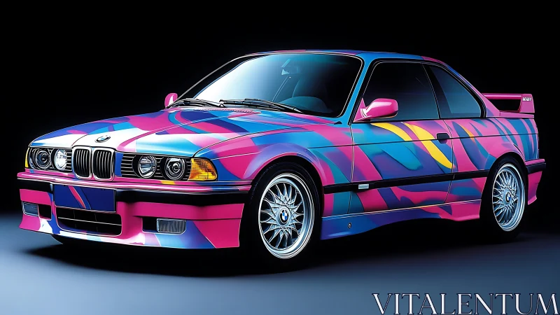 BMW E36 coupe with neon abstract vinyl livery on dark studio