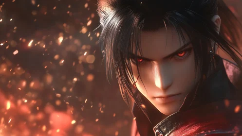 Fiery-eyed anime warrior in a storm of glowing embers.