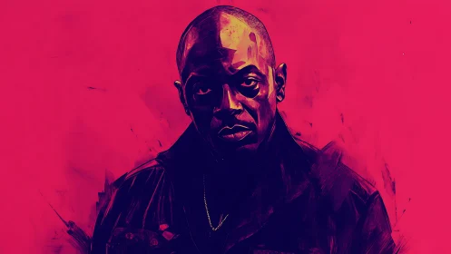 Vivid magenta portrait of intense man in shadowed jacket.