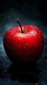 Single red apple with water droplets on dark background.