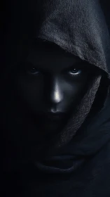 Shrouded gaze in deep shadowed hood, cinematic portrait.