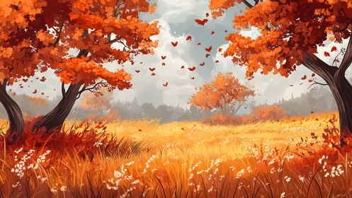 Autumn meadow landscape rendered in warm cinematic digital painting