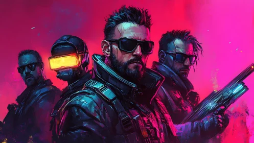 Cyberpunk strike team stands against neon pink skyline.