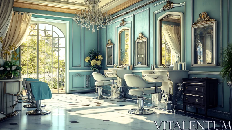 Sunlit teal salon palace where chandeliers crown mirrors.