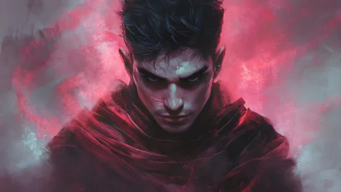 Brooding male sorcerer framed by crimson atmospheric haze