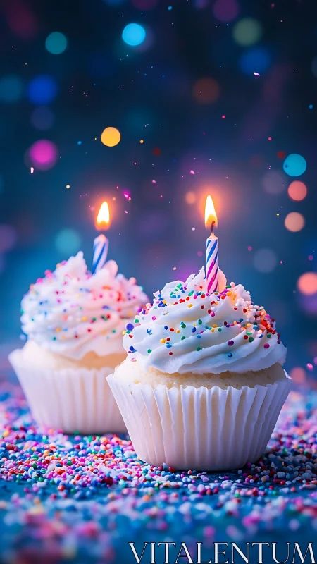 Birthday Cupcakes Celebrating With Glowing Candles and Sprinkles.