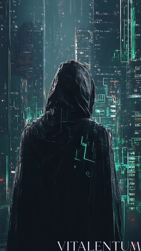 Hooded codewalker listens to the neon city whisper back