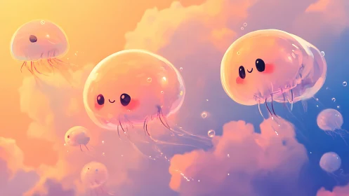 Smiling sky jellyfish drifting through cottony sunset clouds.