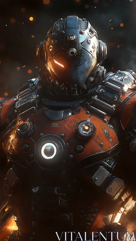 Armored exosuit sentinel in molten ember-lit battlefield.
