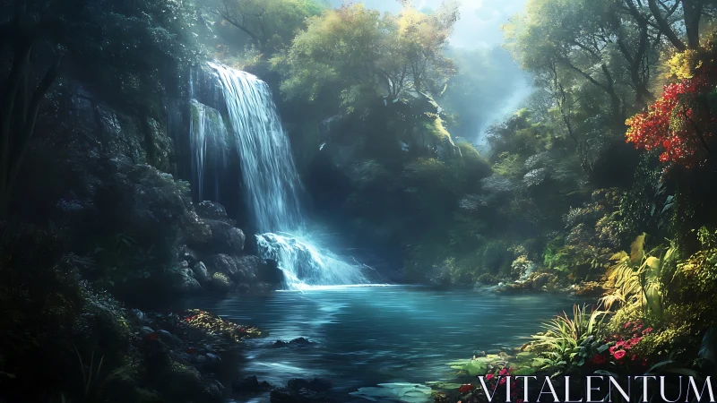 Mystic forest waterfall pours into luminous blue pool.
